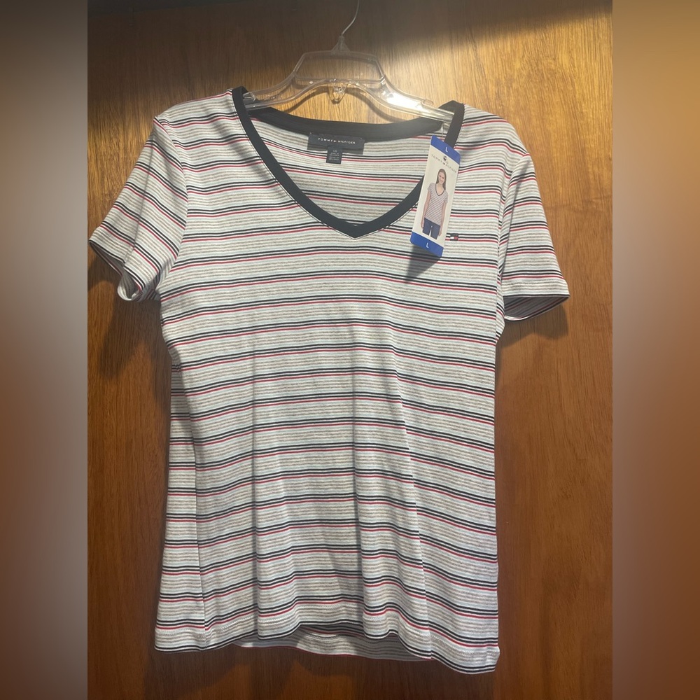 Tommy Hilfiger White and Red Striped V-Neck Tee
